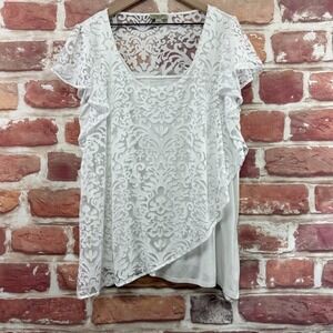 One World Top Women's 2X White Boho Floral Batik Burnout Sheer Casual Shirt